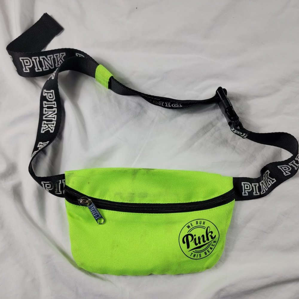 PINK Neon Green Waist Pack Lightweight Canvas Activewear Zip Adjustable Waist